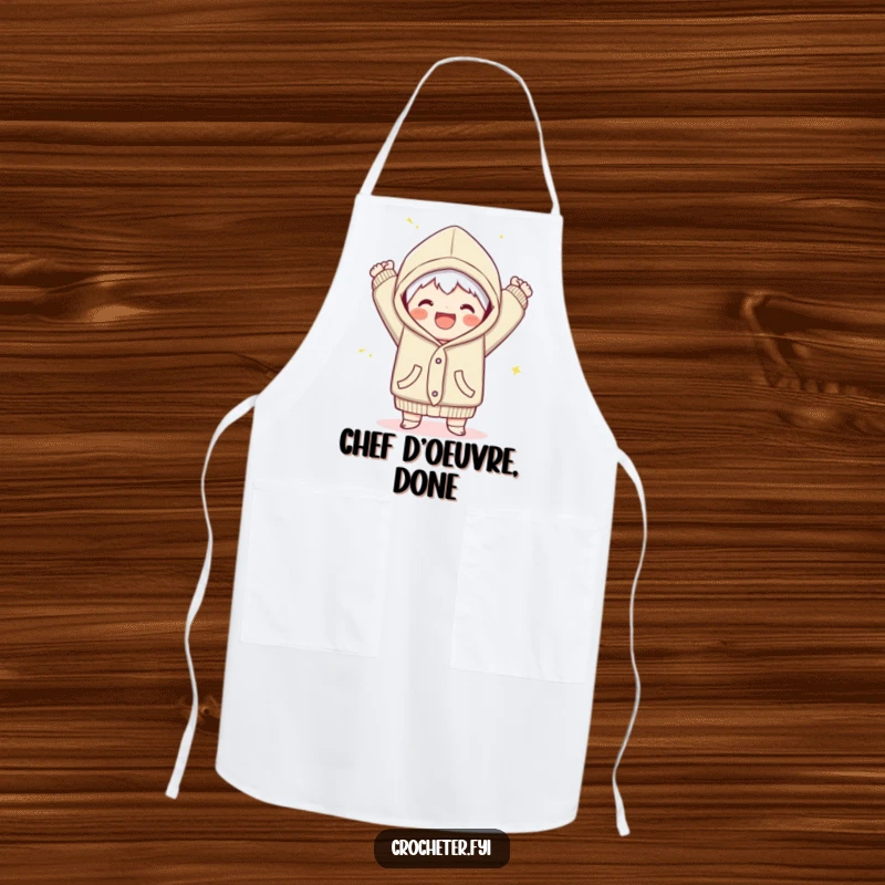 Funny apron depicting a joyful character finishing a cozy garment with a flourish, perfect for celebrating creative achievements.