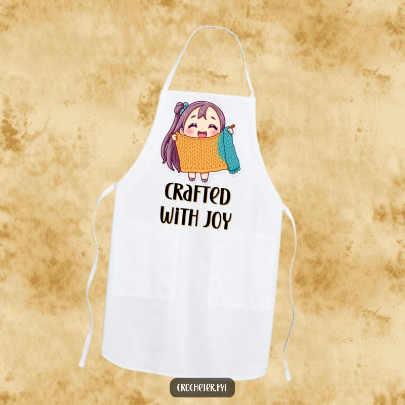 Funny apron featuring a joyful character holding a colorful, partially knitted item, great for happy crafting.