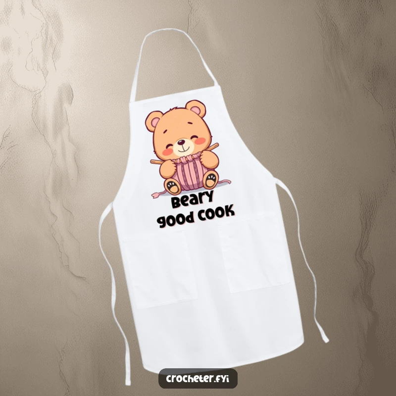 Funny whimsical bear smiling at a nearly finished knitted item, a humorous and practical apron.