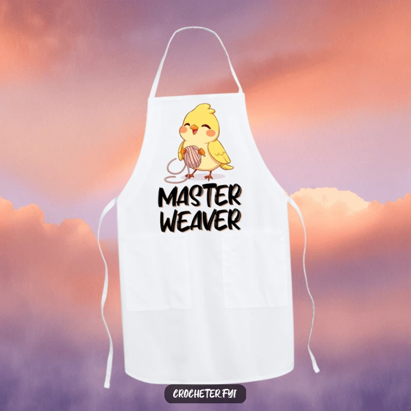 Funny joyful bird intently looping yarn, a humorous and practical apron for crafters.