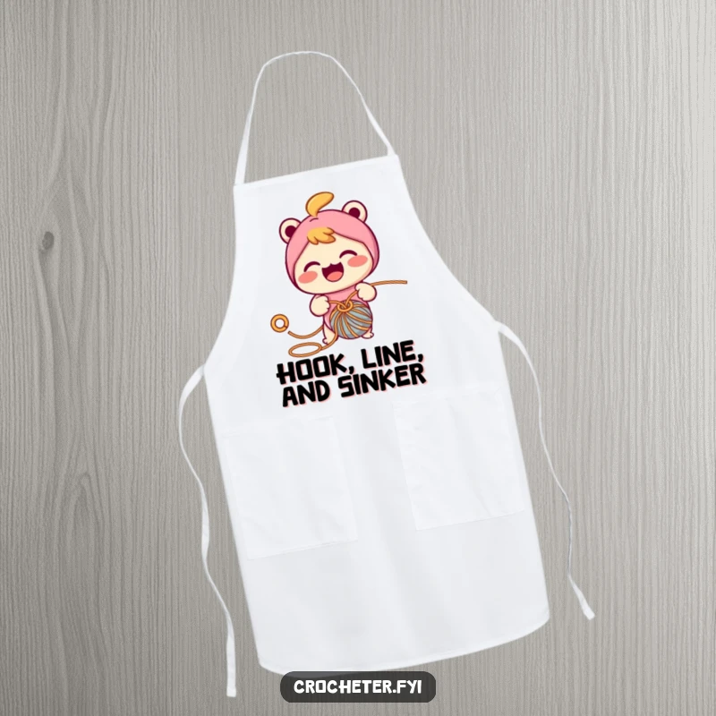Funny apron with a cheerful character enthusiastically crocheting, pulling yarn through a loop with a hook, perfect for keeping clothes clean.