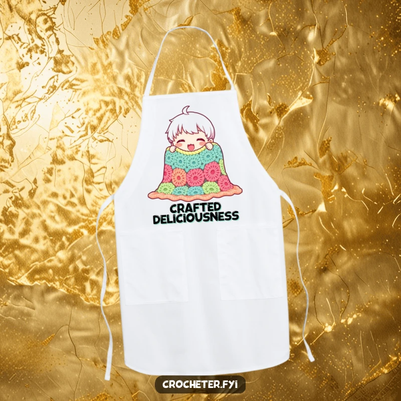 Funny apron showcasing a content character admiring a crocheted blanket, bringing crafty pride and cozy charm to the kitchen while cooking.