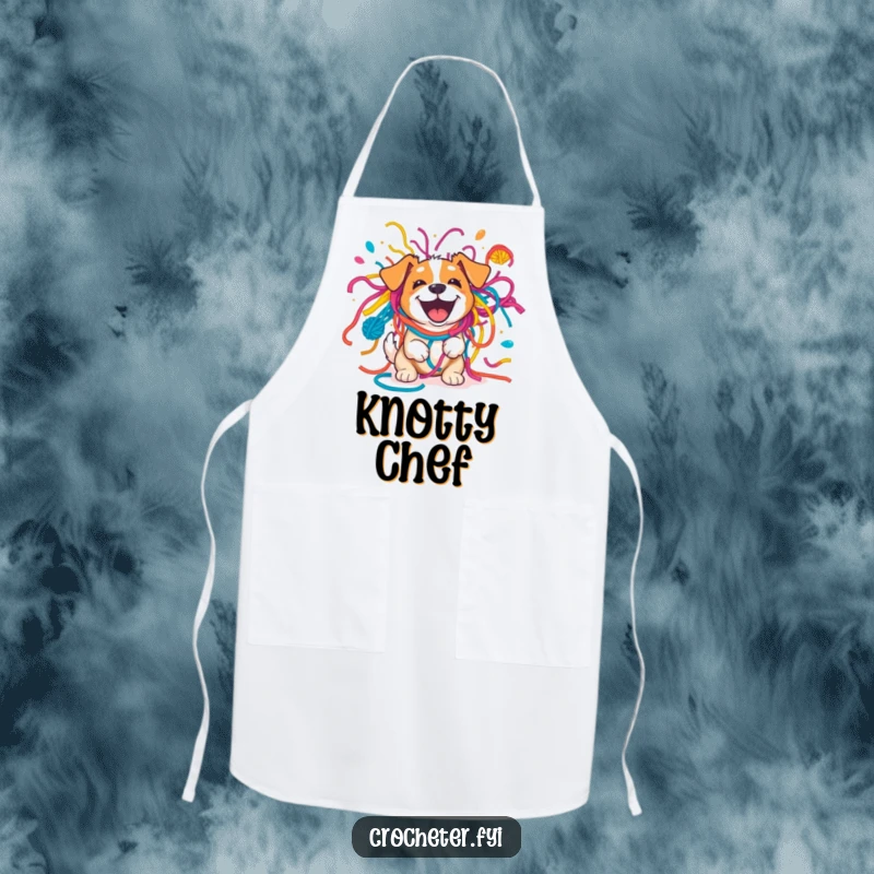 Funny excited dog tangled in a colorful yarn explosion, a humorous kitchen apron for dog lovers and bakers.
