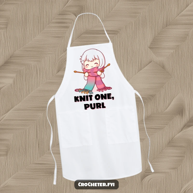 Funny apron with a cute character happily knitting a long, colorful scarf with large needles, perfect for keeping clothes clean.