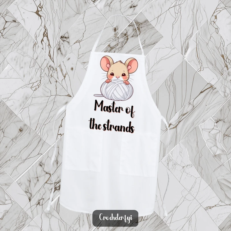 Funny apron depicting a triumphant mouse peeking from behind a yarn ball, perfect for celebrating crafting successes.