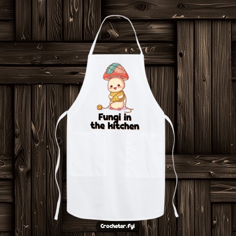 Funny apron with a cheerful mushroom character attempting to balance a tower of yarn balls, great for bakers and crafters.