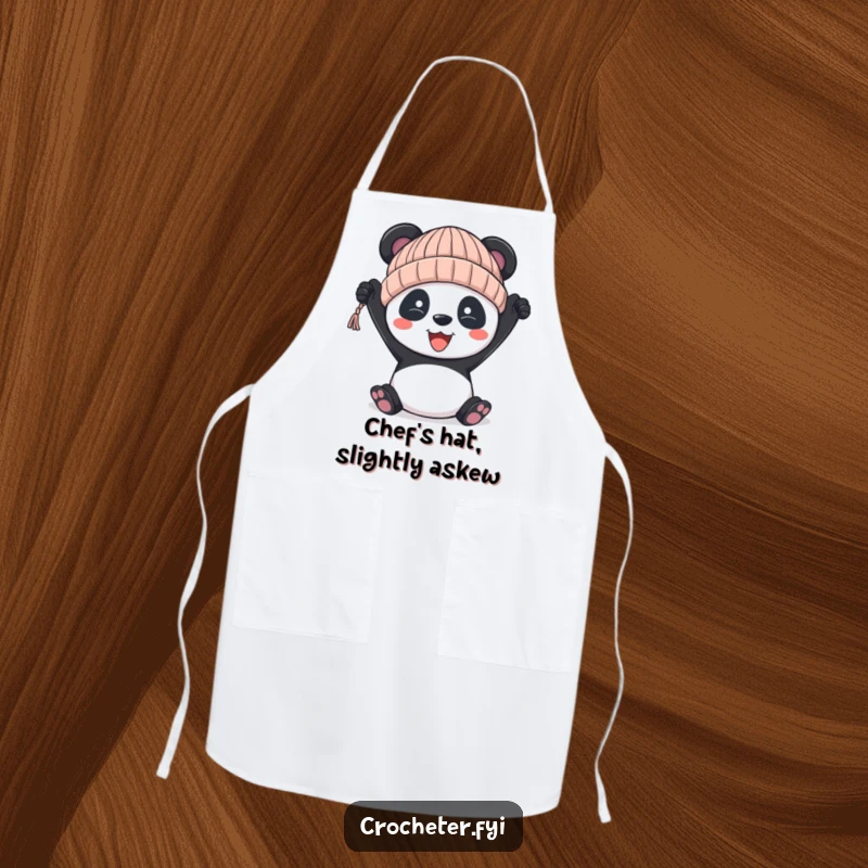 Funny panda apron, showing a panda holding a slightly uneven knitted hat, ideal for protecting clothes.