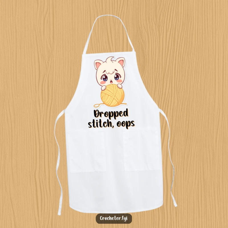Funny apron showing a surprised character dropping yarn, eyes wide with alarm, ideal for messy crafting.