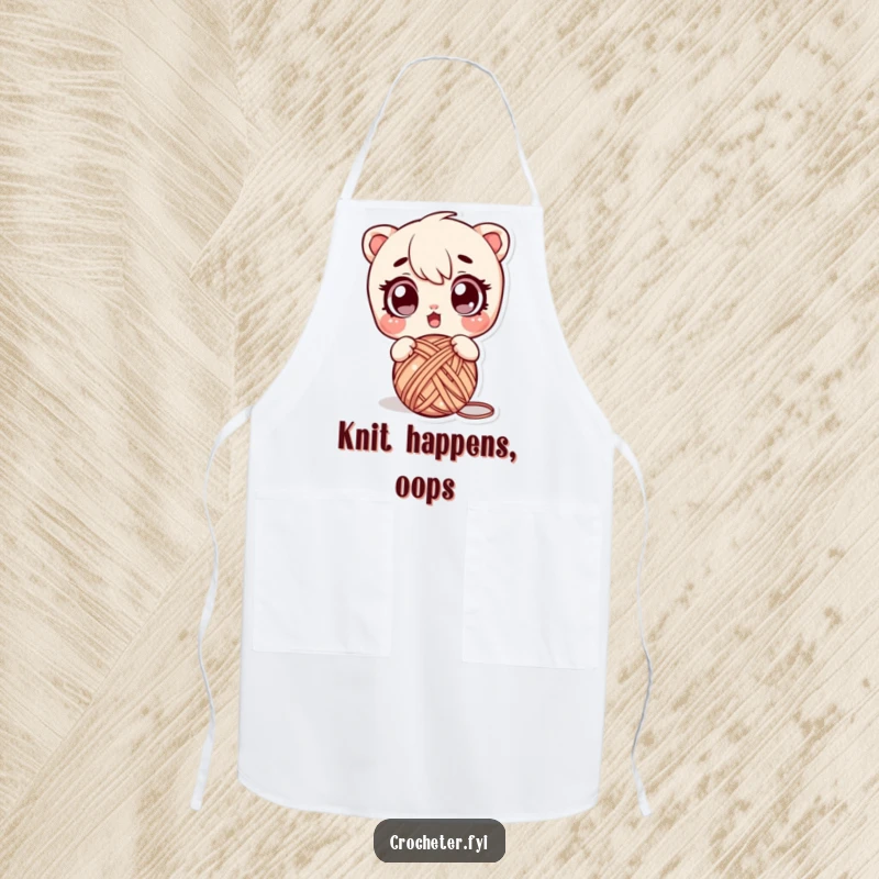 Funny apron depicting a surprised character accidentally dropping a ball of yarn, perfect for messy cooks or crafty individuals.