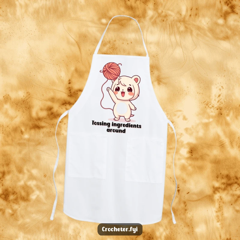 Funny Yarn Apron: A playful character joyfully tosses a fluffy ball of yarn, suitable for kitchen or crafting activities.