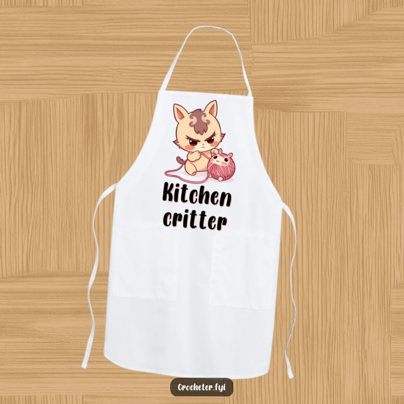 Funny apron with a mischievous character playfully pulling a small yarn critter from a project, ideal for crafting.