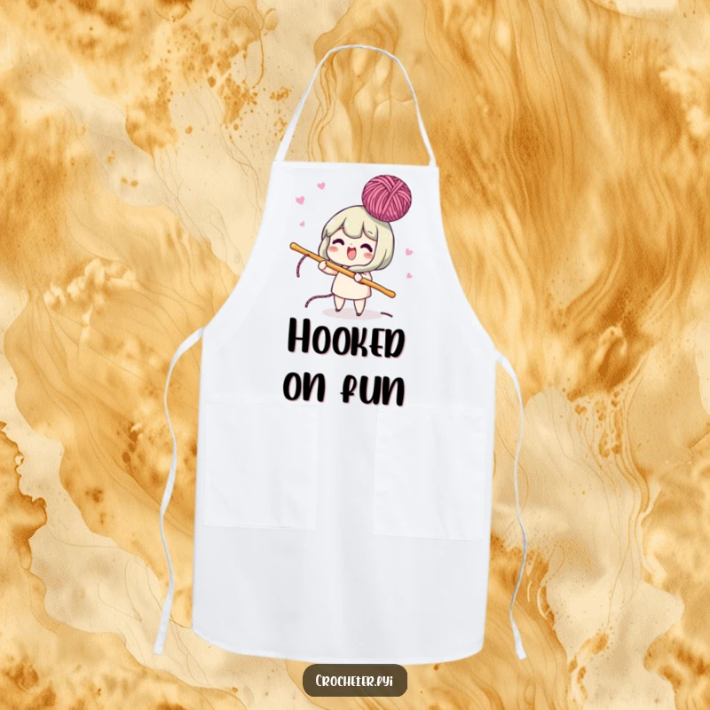 Funny apron depicting a lively character using a crochet hook to bob yarn in the air, perfect for enthusiastic crocheters.