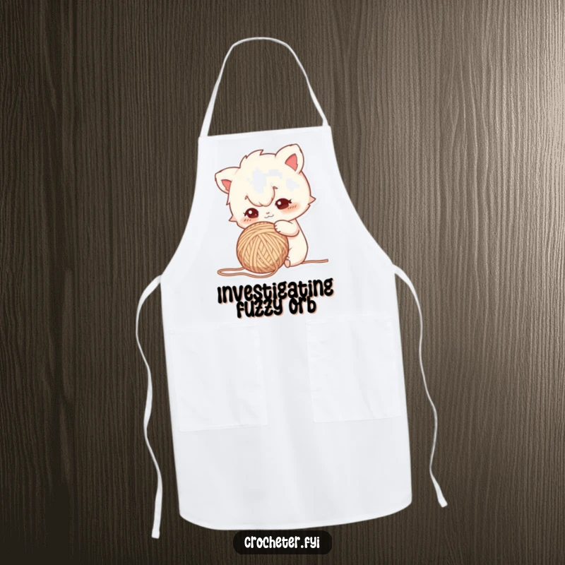 Funny apron depicting a curious character with intense focus, poking a ball of yarn, perfect for meticulous crafters.