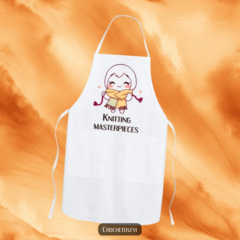 Funny yarn looping apron, depicting a smiling character energetically crafting a colorful scarf out of yarn.