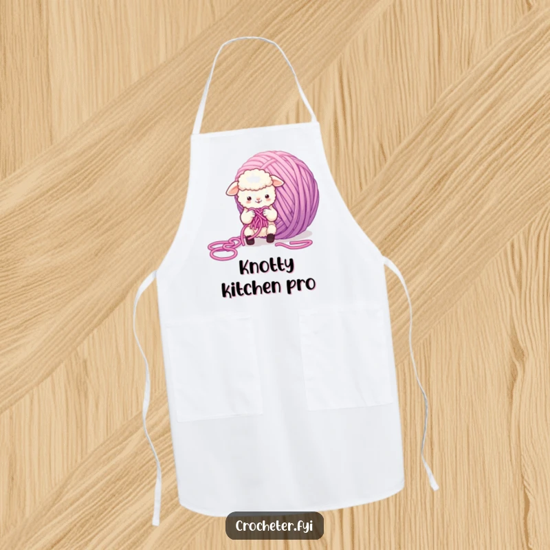 Funny Sheep Apron showing a small, fluffy sheep character comically tangled in a giant ball of yarn, perfect for humorous crafting sessions.