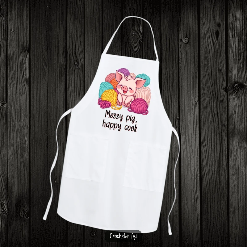 Funny giggling piglet surrounded by yarn on an apron, offering protection with cute and humorous flair.