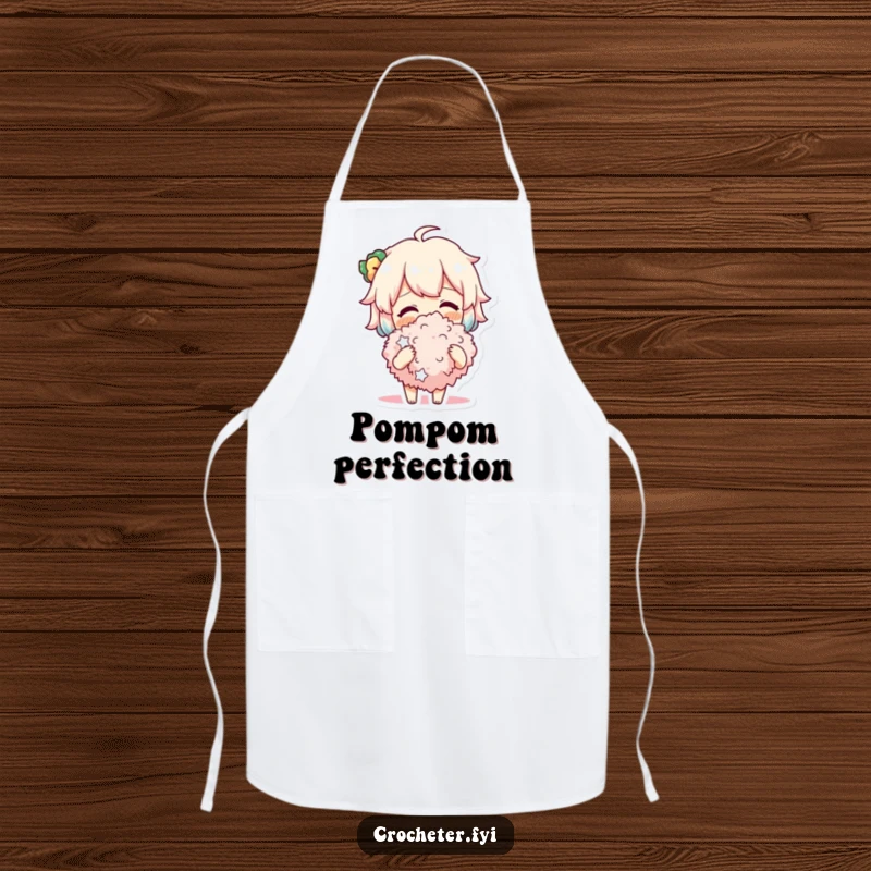 Funny Apron with a cheerful character proudly displaying a fluffy pompom they've made, ready for crafting or kitchen adventures.