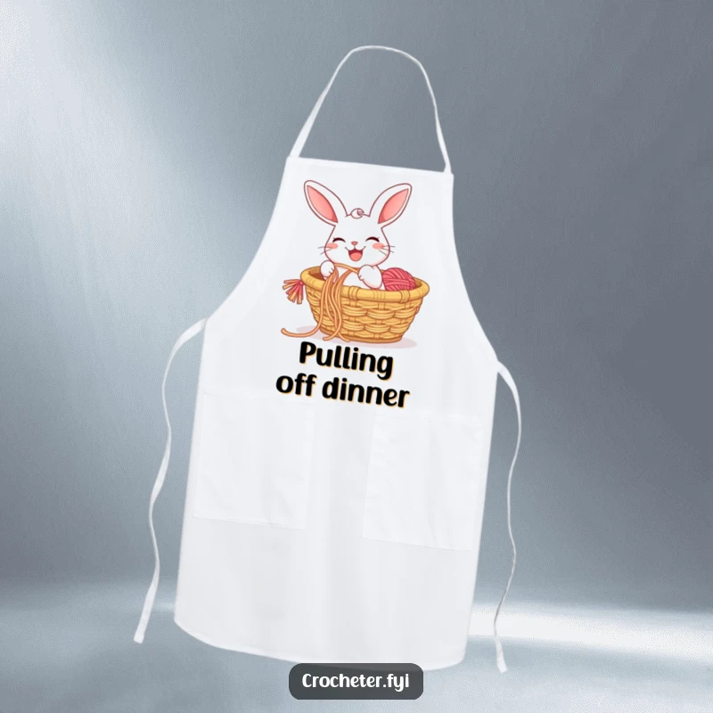 Funny apron illustrating a cheerful rabbit with a grin, pulling a long string of yarn from a basket, a practical crafting accessory.