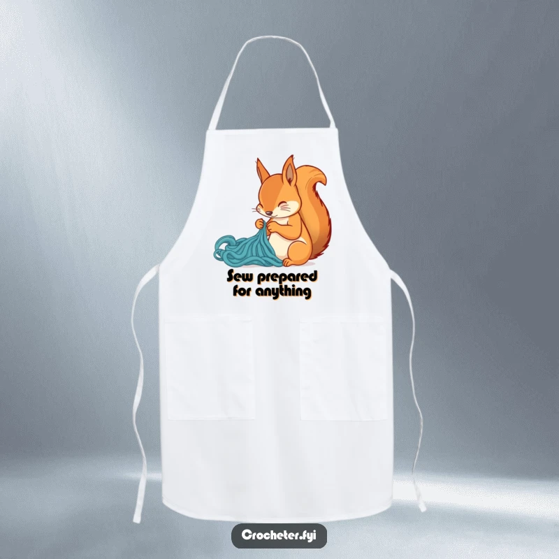 Funny squirrel knitting a stitch on an apron, ideal for protecting clothes with humorous flair during crafts.