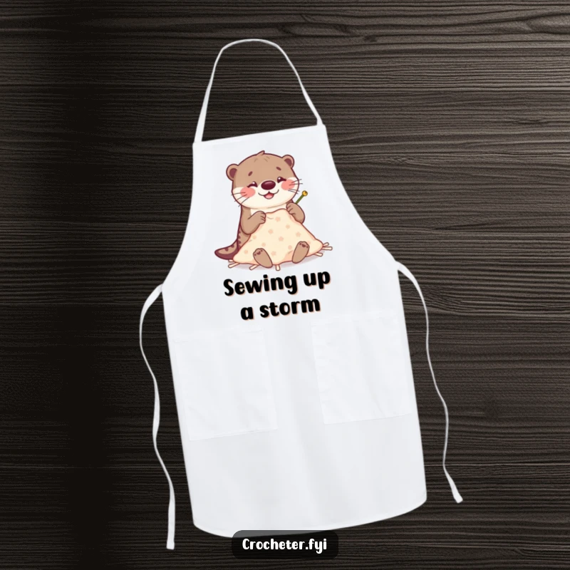 Funny Otter Stitching Apron: Happy otter humorously crafts with large, clumsy needles, perfect funny gift for cooks.