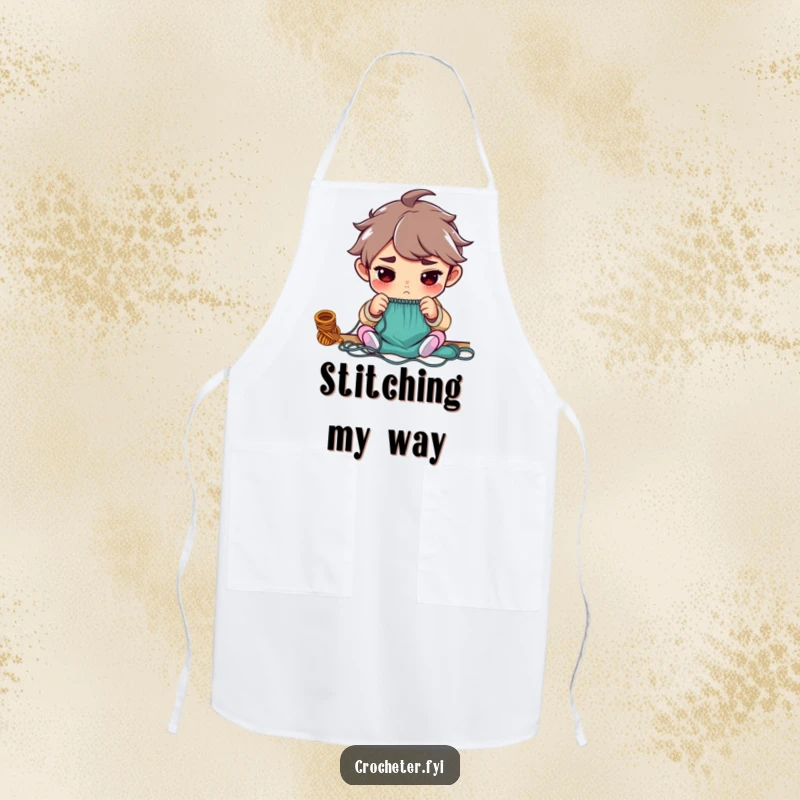 Funny apron with a determined character intently counting knitting stitches, a humorous kitchen accessory for crafters.