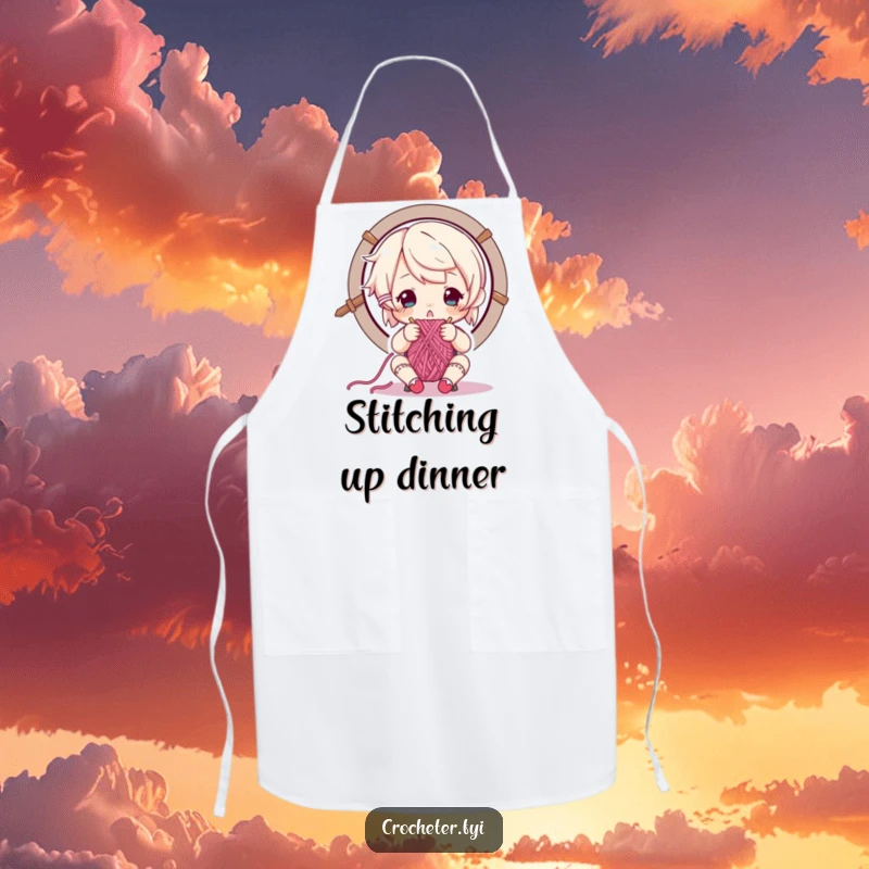 Funny apron showing a focused character carefully weaving yarn through a needle's eye, ideal for detailed work.
