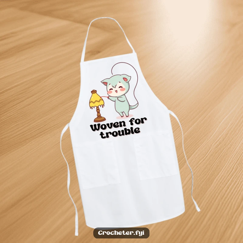 Funny apron, mischievous character looping thread around a lamp, humorous kitchen or craft accessory.