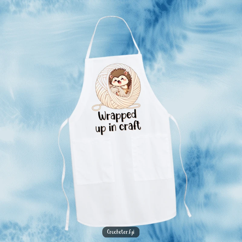 Funny hedgehog apron, showing a hedgehog happily rolling in yarn, perfect for keeping clothes clean during crafting.