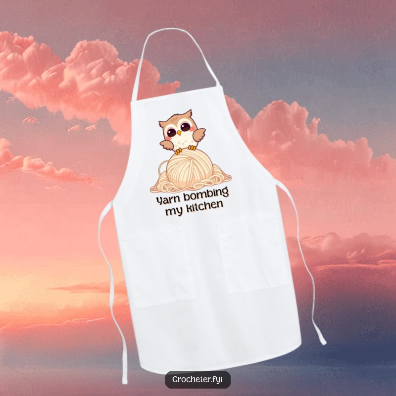 Funny Giggling Owl Apron: Joyful owl humorously drops a large yarn ball, a funny kitchen gift.