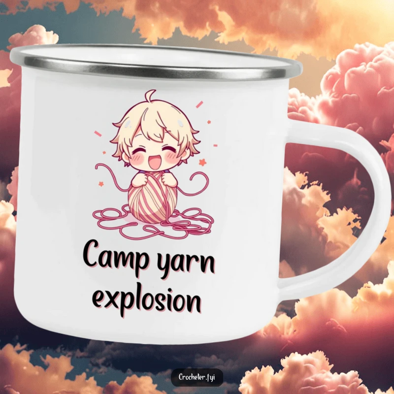 Funny Camping Mug featuring a character joyfully unraveling yarn, scattering it energetically, designed for outdoor crafting enjoyment and a touch of humor.