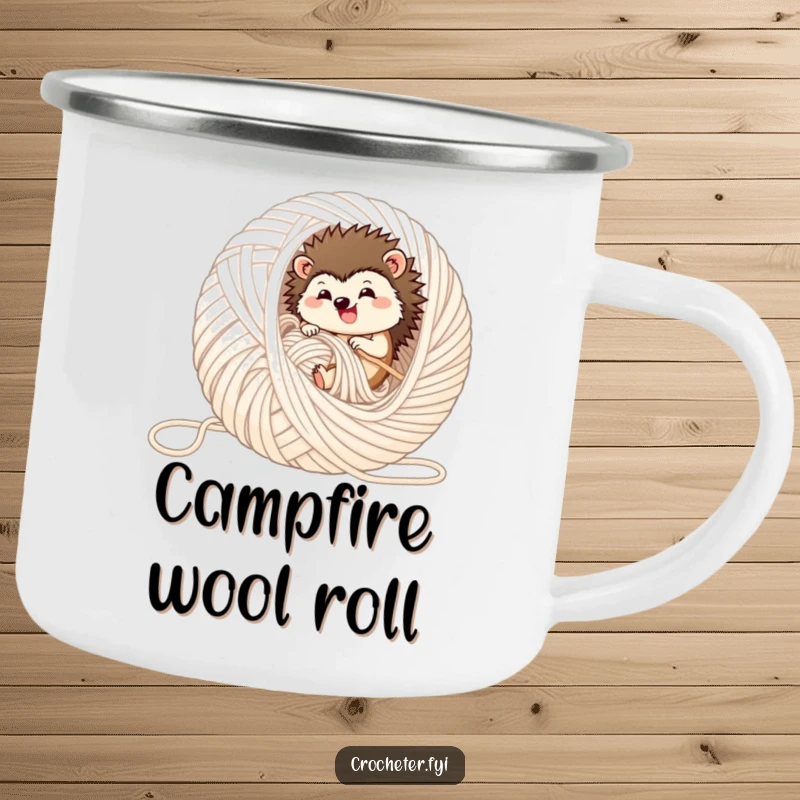 Funny hedgehog camping mug, showing a happy hedgehog rolling amongst balls of yarn, great for outdoor enthusiasts.