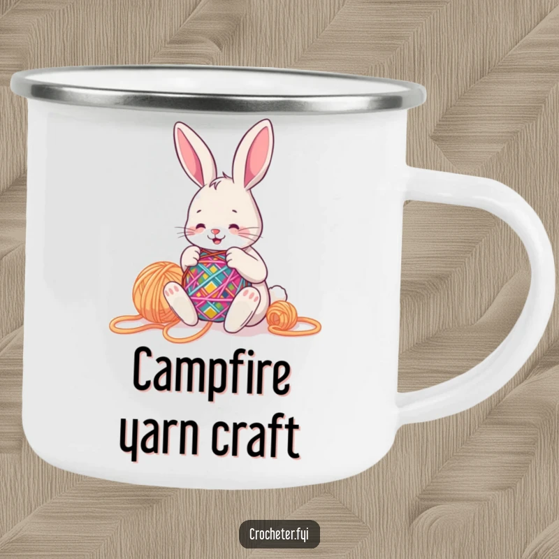 Funny bunny happily stitching a colorful pattern with big yarn, bringing a creative and cheerful vibe to your camping trips.