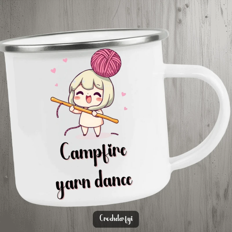 Funny camping mug featuring a lively character using a crochet hook to bob yarn in the air, ideal for outdoor crafters.