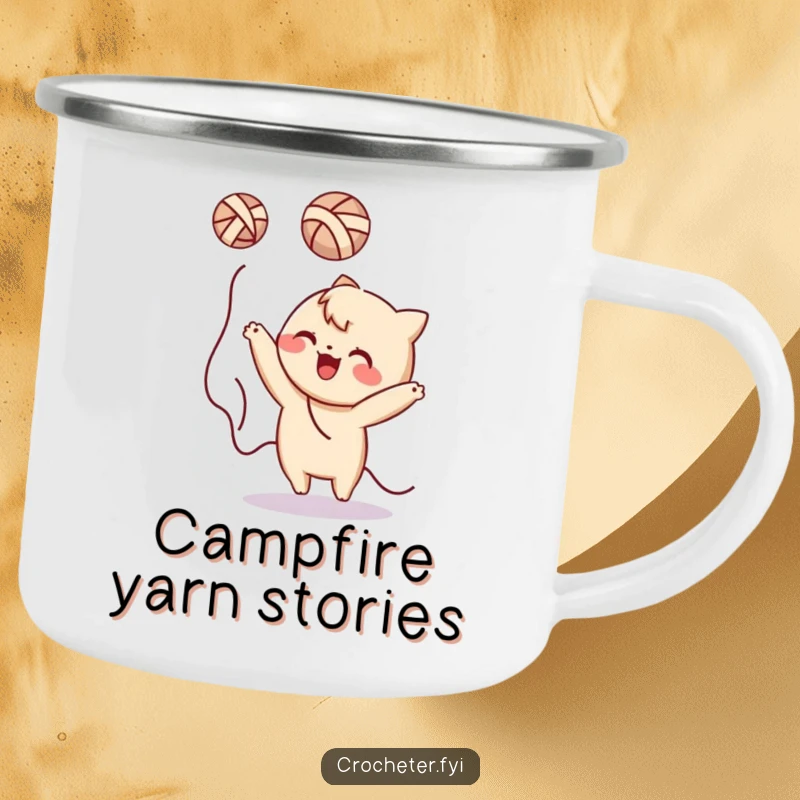 Funny yarn tossing character camping mug, durable and ready for adventure, with a humorous twist.