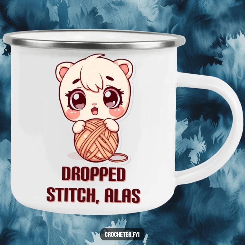Funny camping mug featuring a startled character dropping a ball of yarn, ideal for outdoor enthusiasts who love crafting.