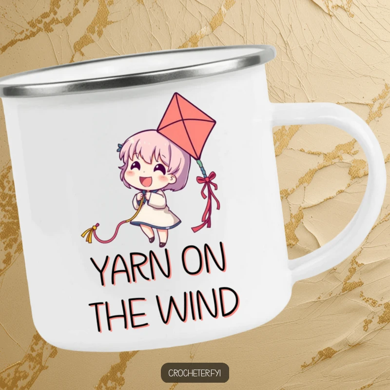 Funny camping mug with a delighted character flying a yarn strand like a kite, perfect for outdoor fun.
