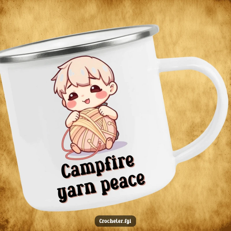 Funny camping mug featuring a contented character peacefully winding yarn into a neat ball, ideal for relaxing outdoor moments.