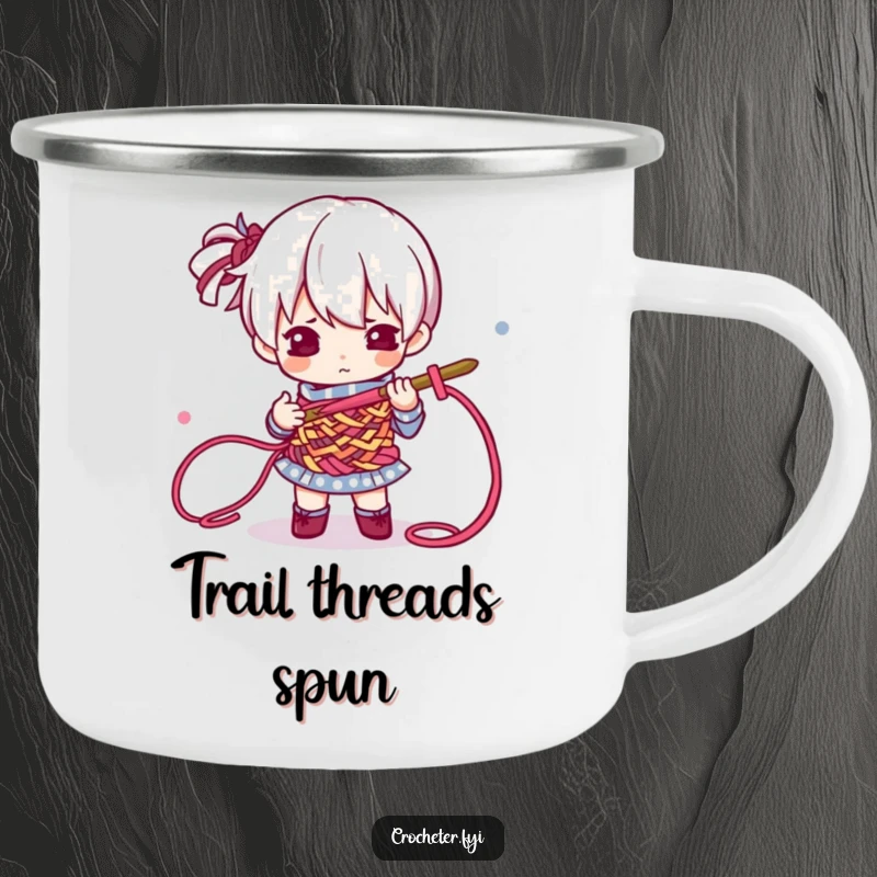 Funny Camping Mug showcasing a determined character skillfully crocheting colorful threads under an open sky, a rugged and humorous companion.