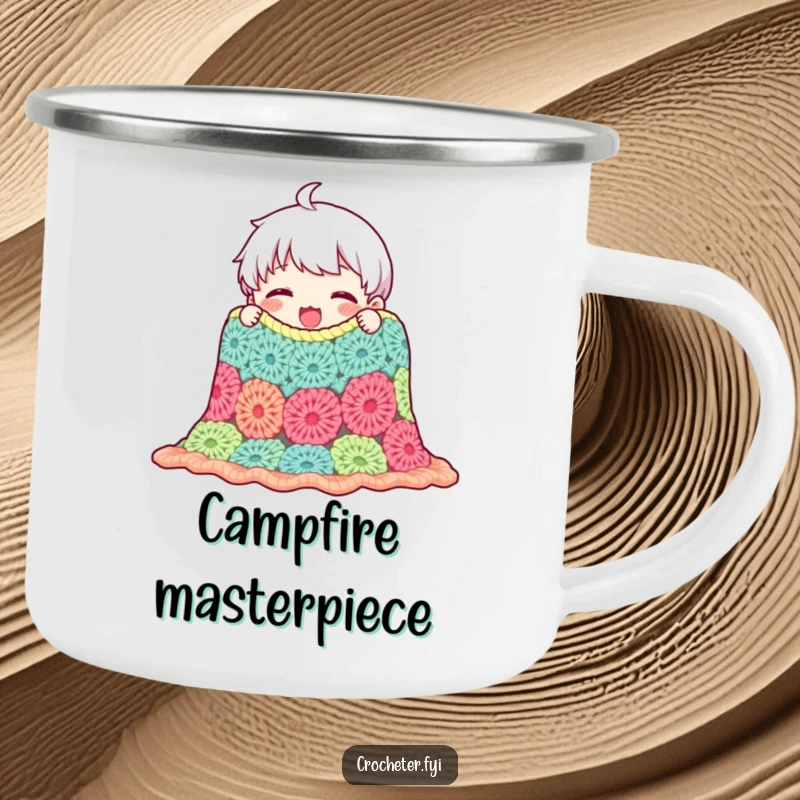Funny camping mug with a content character admiring a crocheted blanket, designed for crafters who enjoy outdoor adventures and cozy moments.