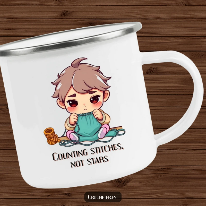 Funny enamel camping mug with a determined character intensely counting knitting stitches, perfect for outdoor crafting sessions.