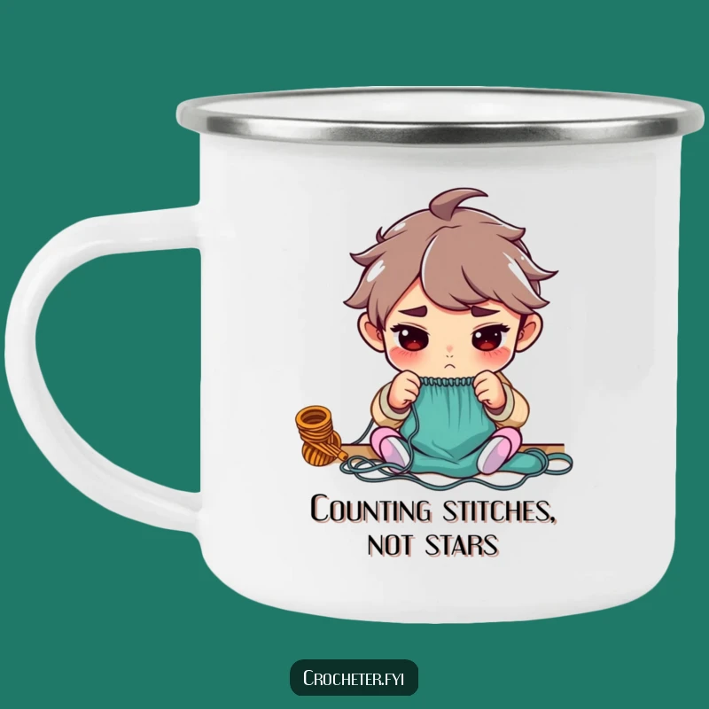 Funny Enamel Camping Mug: Determined Knitter Counting Stitches by the Fire