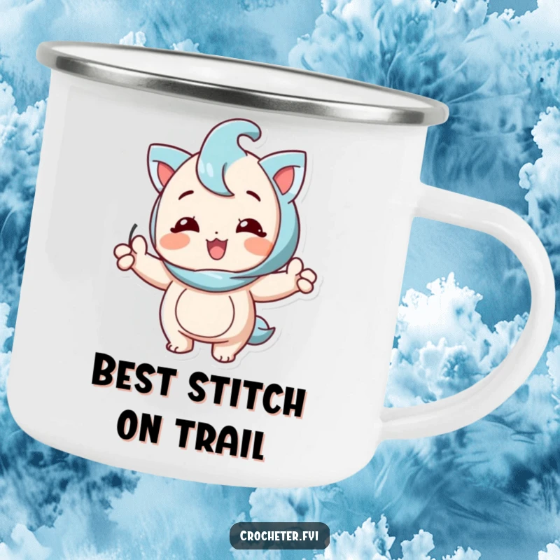 Funny enamel camping mug with a happy character proudly showing off a perfect knitting stitch, perfect for outdoor enjoyment.