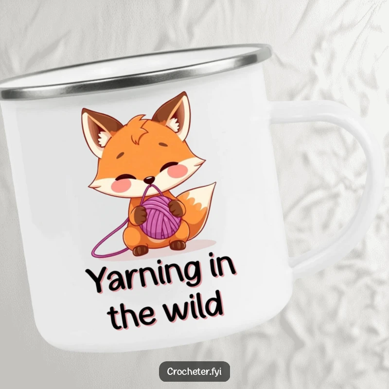 Funny camping mug with a sly fox balancing yarn on its nose, designed for outdoor lovers who appreciate humor.