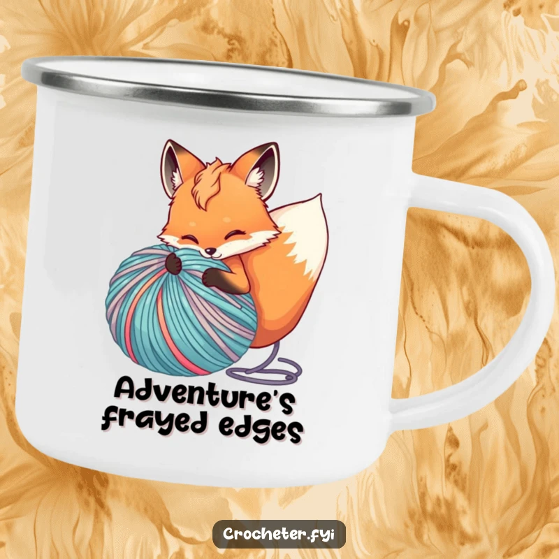 Funny camping mug with a fox happily unravelling a large yarn ball, adding a touch of playful chaos to your adventures.