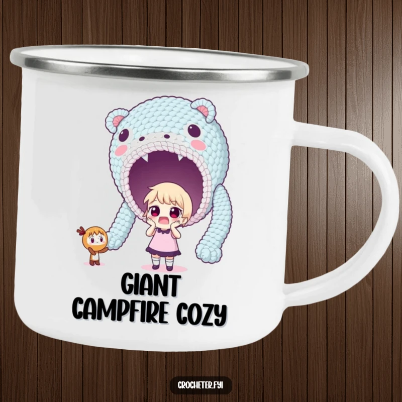 Funny camping mug with a surprised character looking at a massive, unexpectedly large crocheted creation.