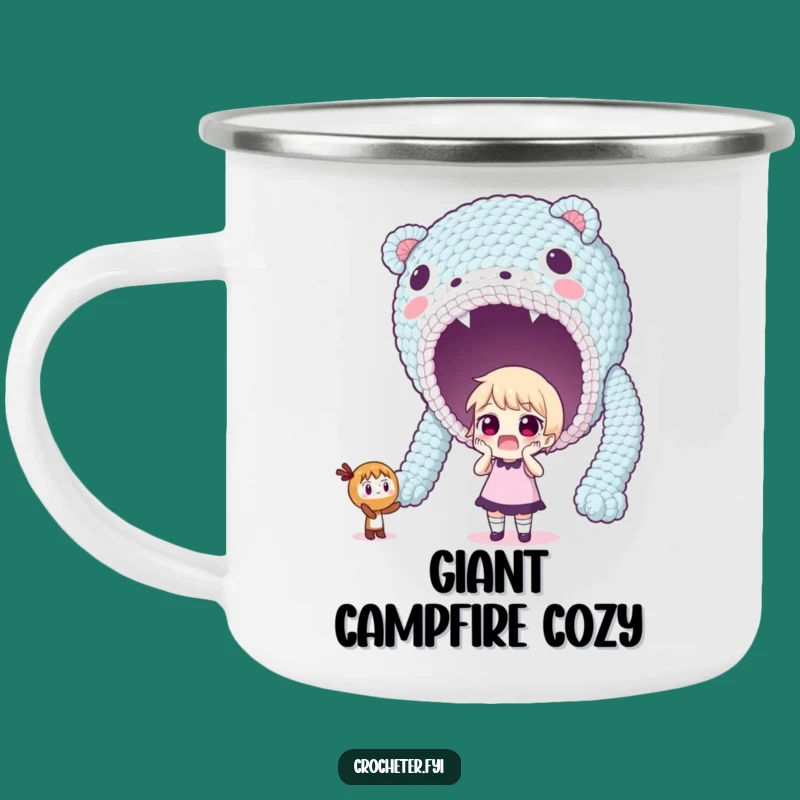 Funny Giant Crochet Camping Mug: Surprised Crafter's Outdoor Surprise