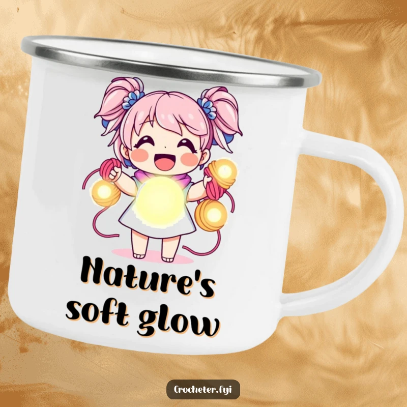 Funny camping mug, joyful character holding vibrant yarn skeins like glowing orbs, durable and cheerful.