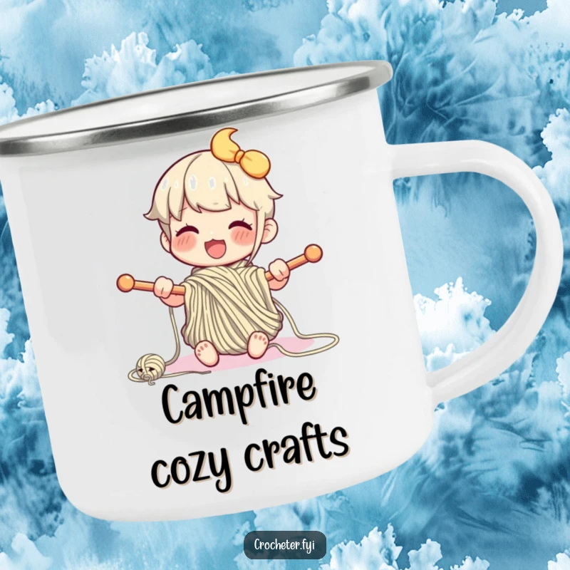 Funny camping mug with a happy character enthusiastically knitting, adding crafting humor to outdoor journeys.