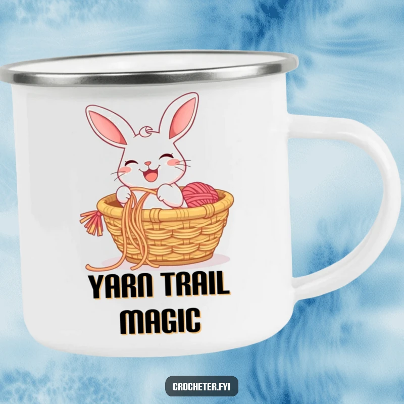 Funny camping mug with a grinning rabbit pulling yarn from a basket, designed for crafters who enjoy the outdoors and humor.