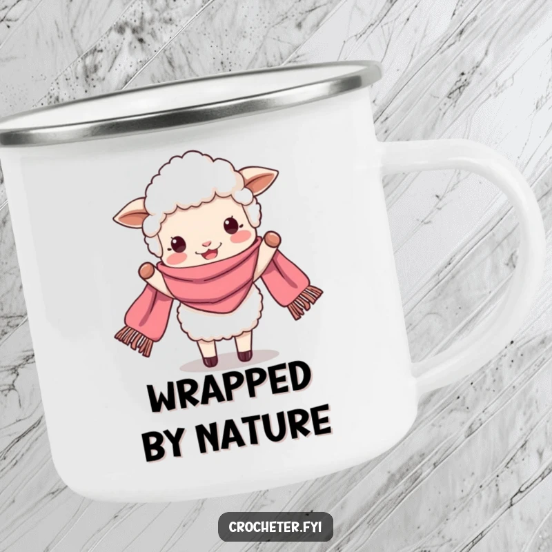 Funny perky sheep holding a very long scarf, a durable camping mug design for outdoor enjoyment.